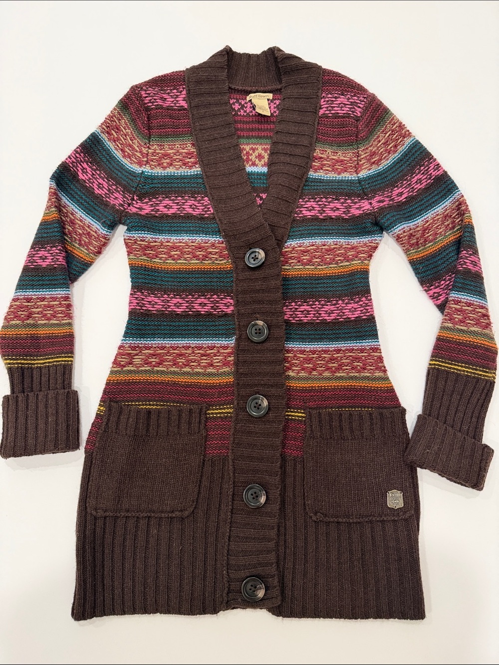 Ruff Hewn Brown Cardigan with Multicolor Stripes Small